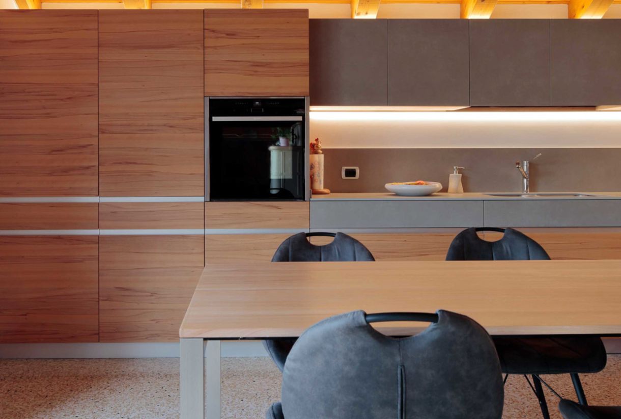 Deodara Home Essenza kitchen in contrasting beech and steel